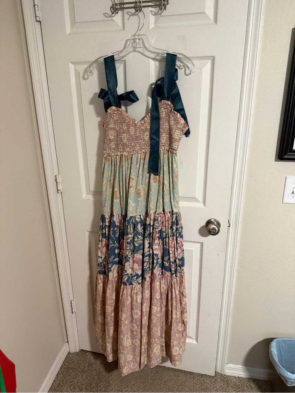 Free People Multi-Print Tiered Maxi Dress with Teal Ribbon Straps - Picture 1 of 1
